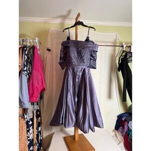 Stacees Stormy Purple Off Shoulder Embroidered Satin Formal Gown Dress 14